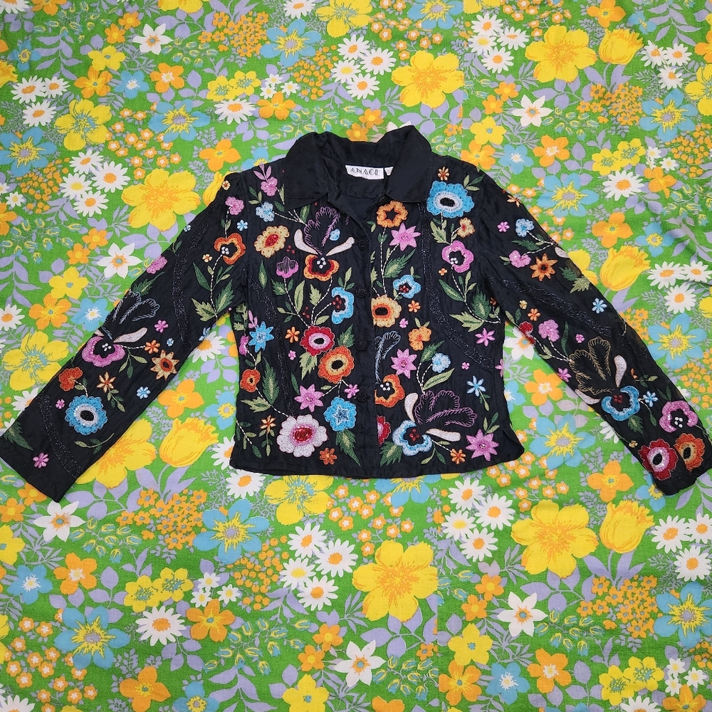 Anage Vintage 90s Floral Embroidered Black Silk Collared Button Down Blouse